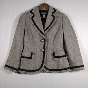 Banana Republic Women's Sz 2 Wool Blend Grey Black Tweed Blazer Velvet‎ Trim